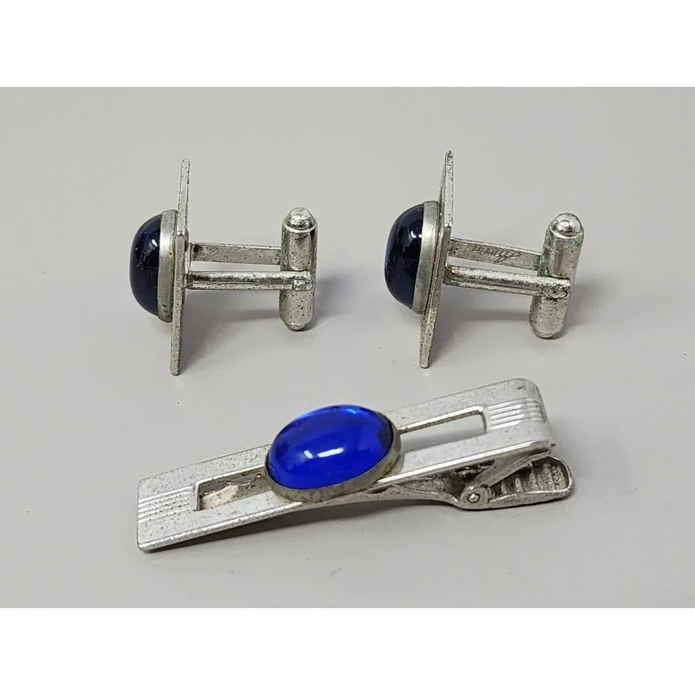 Vintage Tie Clip &‎ Cufflinks Signed ANSON Cobalt Blue Lucite & Silver
